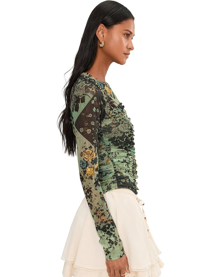 Free People Ariana Long Sleeve Ruched Top in Cool Green