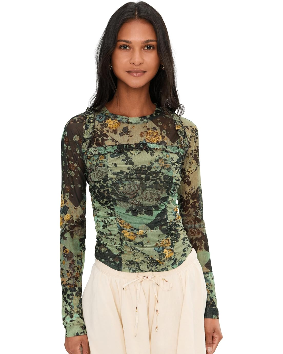 Free People Ariana Long Sleeve Ruched Top in Cool Green