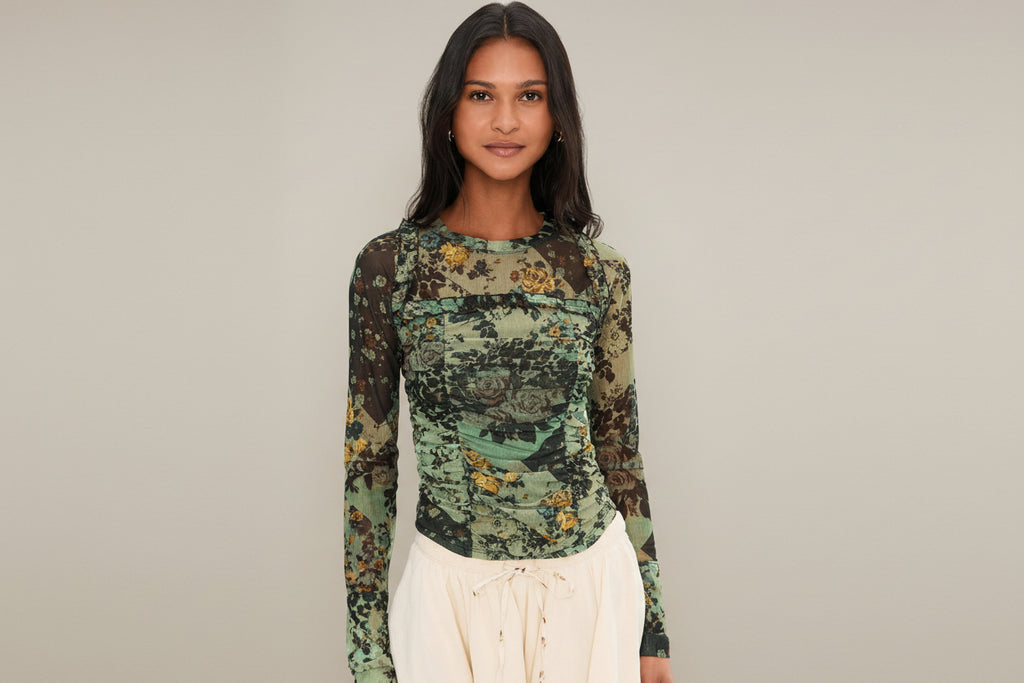 Free People Ariana Long Sleeve Ruched Top in Cool Green