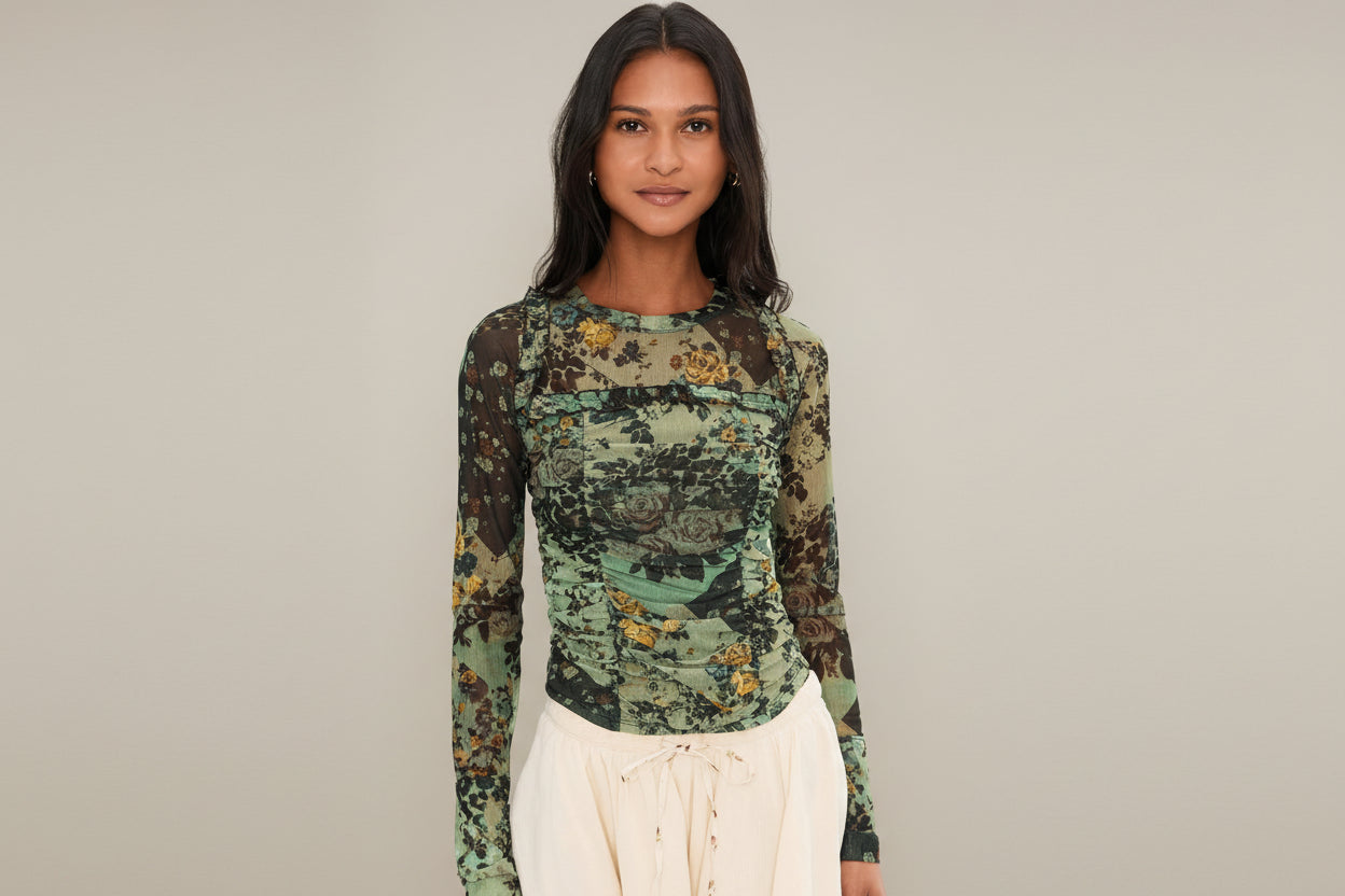 Free People Ariana Long Sleeve Ruched Top in Cool Green