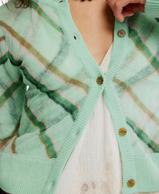 A close-up of a person wearing a mint green knit cardigan with a soft plaid pattern in green, beige, and pink, layered over a white top. The cardigan features brown buttons and ribbed trim.