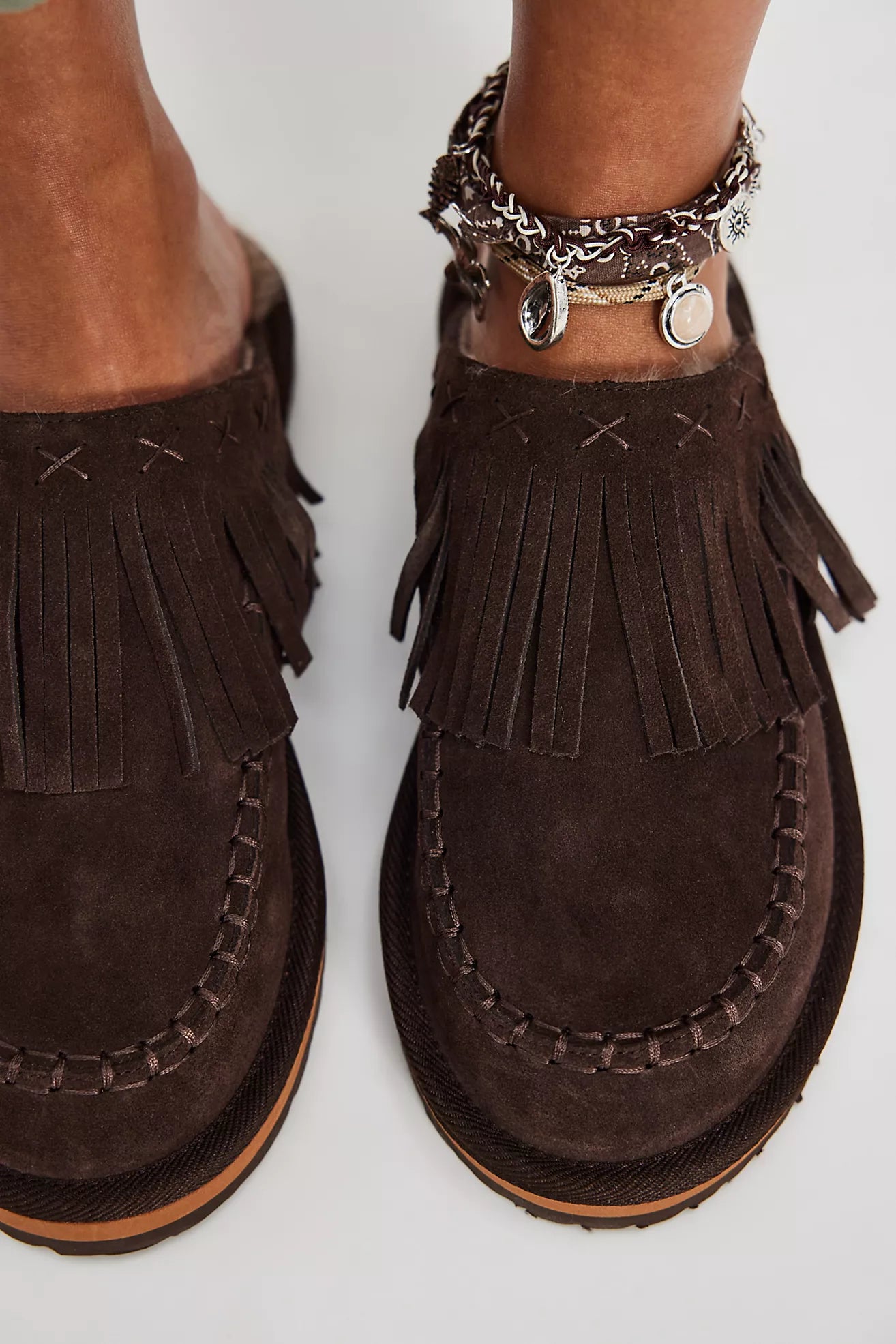 Free People Fallon Fringe Mules in Chocolate
