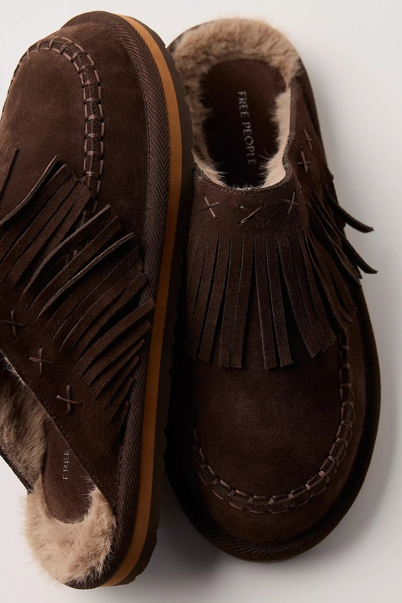 Free People Fallon Fringe Mules in Chocolate