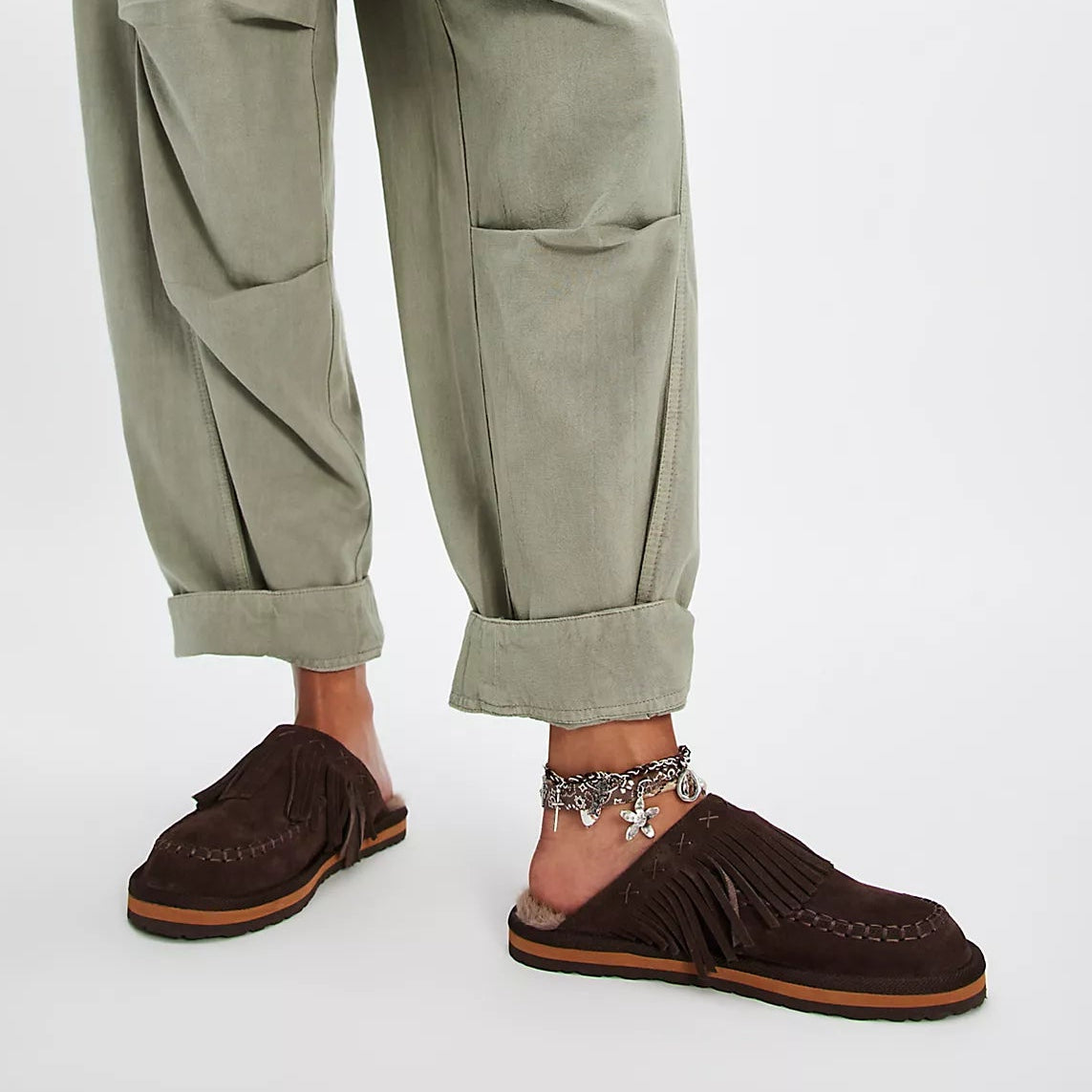 Free People Fallon Fringe Mules in Chocolate