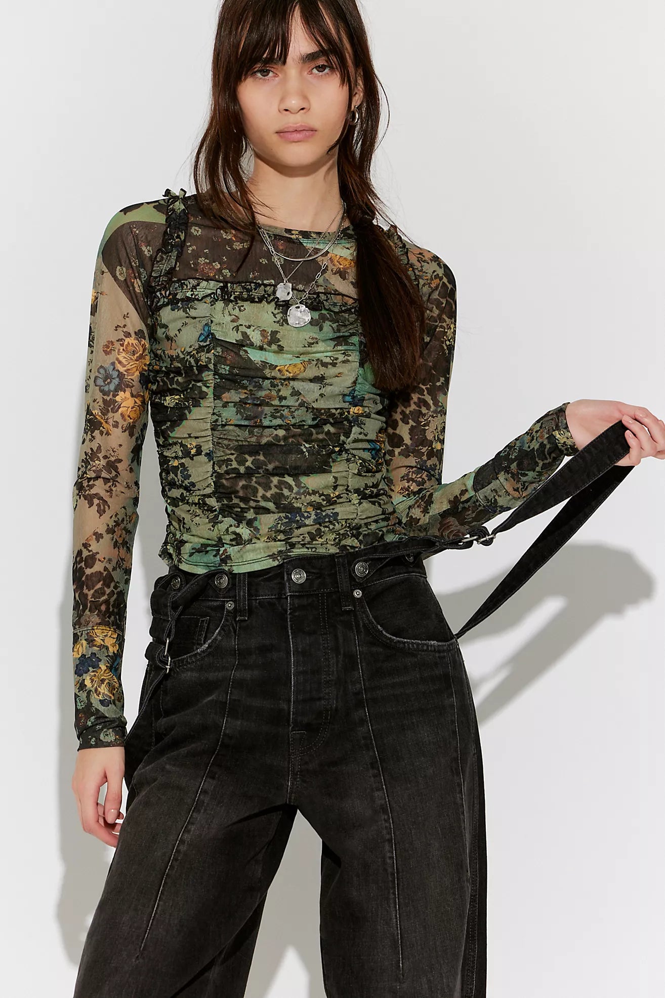Free People Ariana Long Sleeve Ruched Top in Cool Green