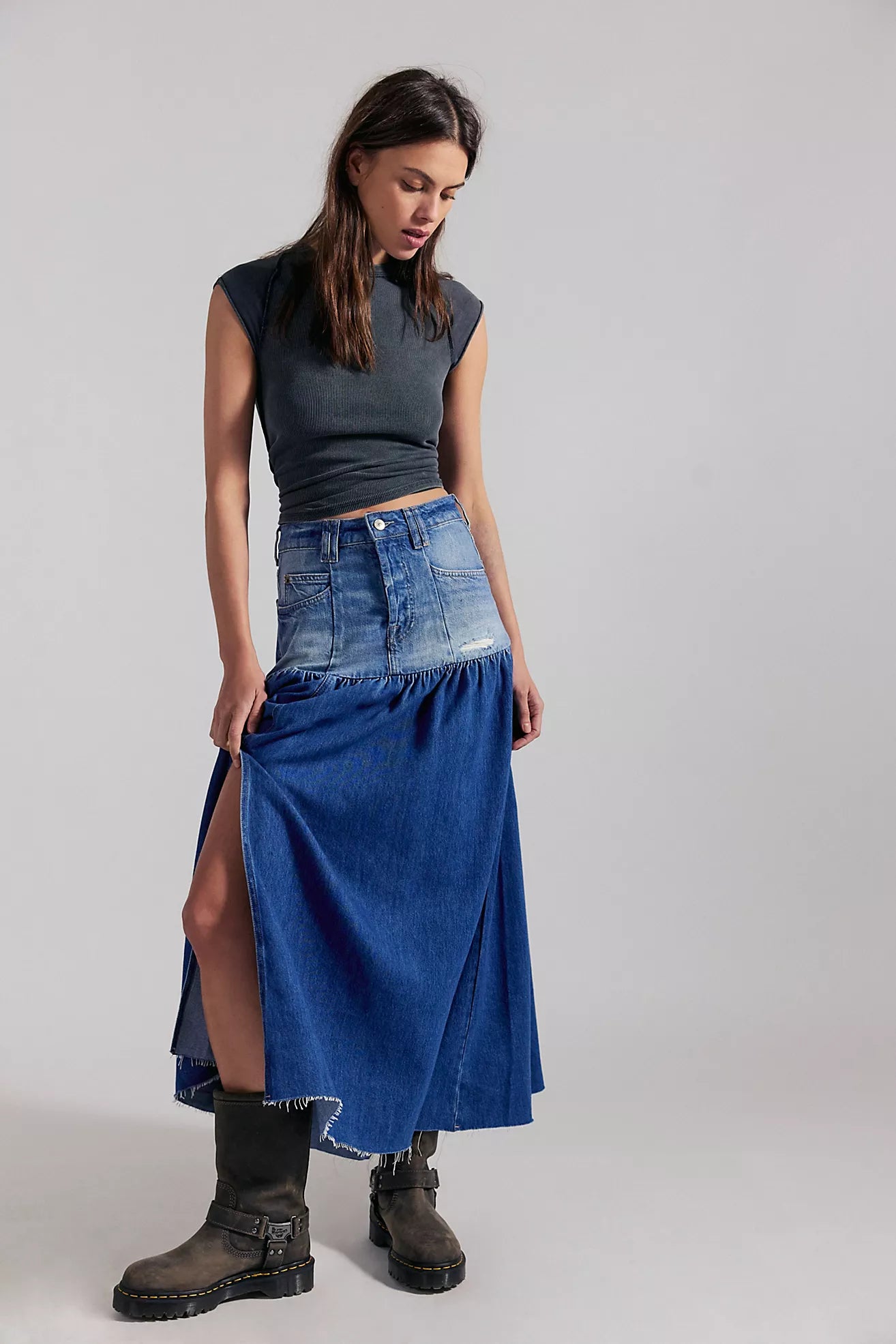 Free People Good Company Mixed Denim Maxi Skirt