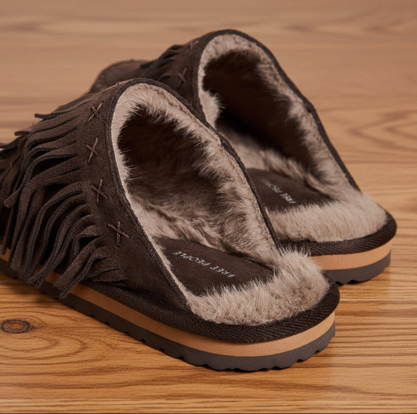Free People Fallon Fringe Mules in Chocolate