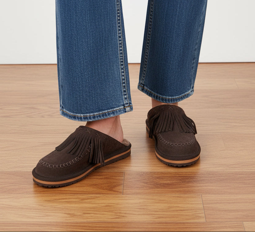 Free People Fallon Fringe Mules in Chocolate