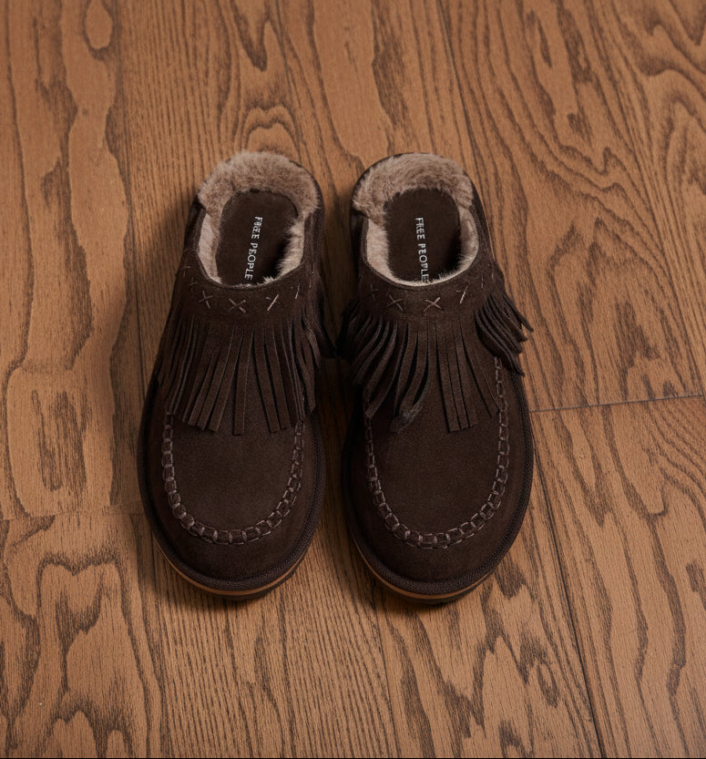Free People Fallon Fringe Mules in Chocolate